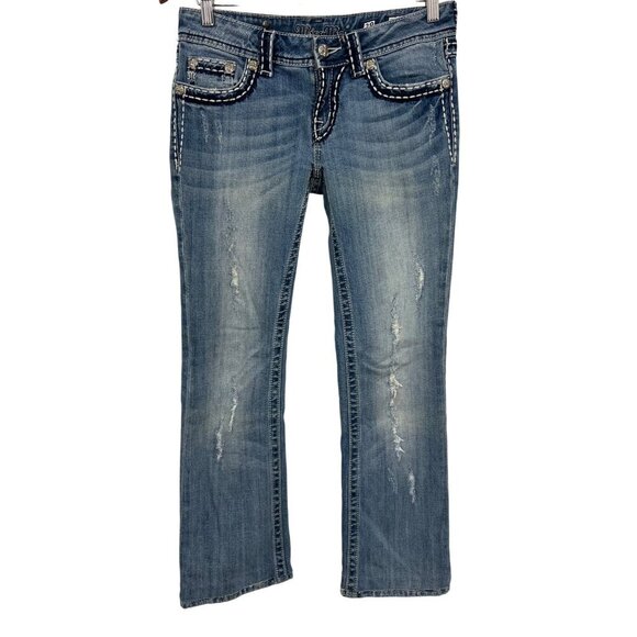 Miss Me Womens Boot Cut Jeans Size 28 Distressed Jewel Stretch Denim Y2K EUC - Picture 1 of 12